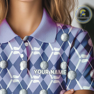 Women golf polo shirts custom blue argyle plaid pattern golf attire for ladies, golfer gifts NQS10434