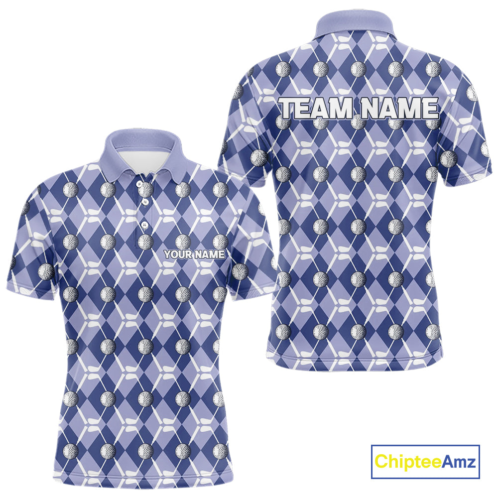 Mens golf polo shirts custom blue argyle plaid pattern golf attire for men, golfer gifts NQS10434