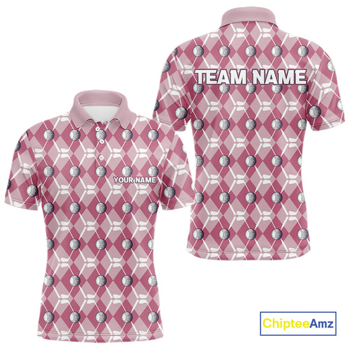 Mens golf polo shirts custom pink argyle plaid pattern golf attire for men, golfer gifts NQS10443