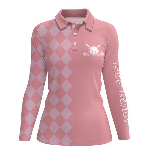 Pink argyle pattern Womens Golf Polo Shirts custom golf tops for women, cool golf gifts NQS9165