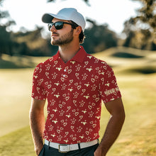 Load image into Gallery viewer, Gold Heart Red pattern Mens golf polo shirts custom Valentines golf gift for him  NQS9368