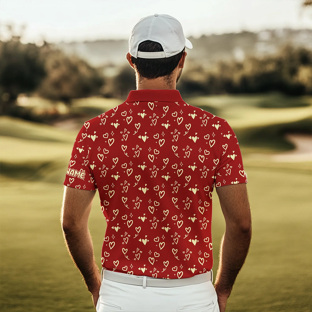 Gold Heart Red pattern Mens golf polo shirts custom Valentines golf gift for him  NQS9368