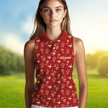 Load image into Gallery viewer, Gold Heart Red pattern Women sleeveless polo shirt custom Valentines golf gift for her NQS9368