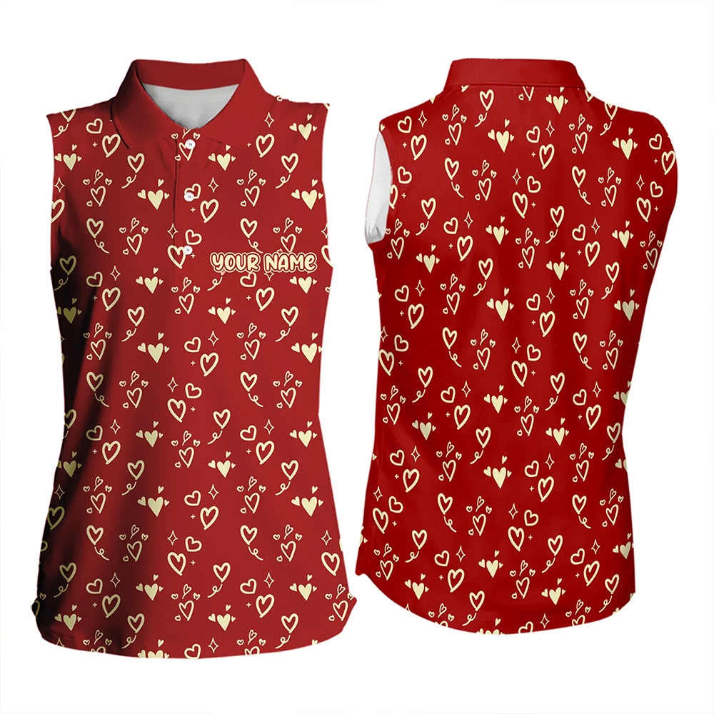 Gold Heart Red pattern Women sleeveless polo shirt custom Valentines golf gift for her NQS9368