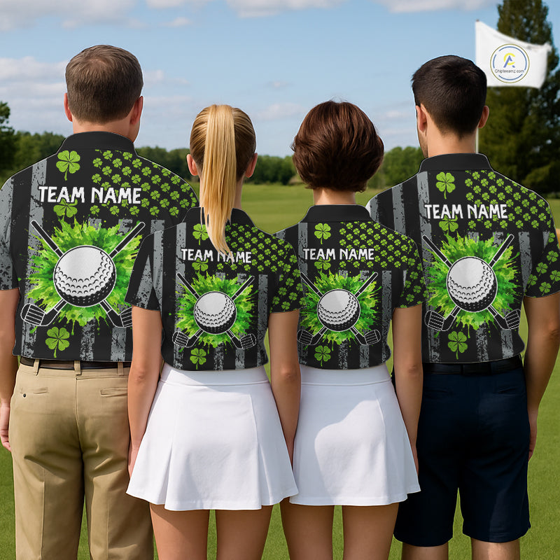 Custom Black Grunge US Flag Green Shamrock St Patrick Golf Polo shirts for Women Patriotic Golf shirt NQS11449