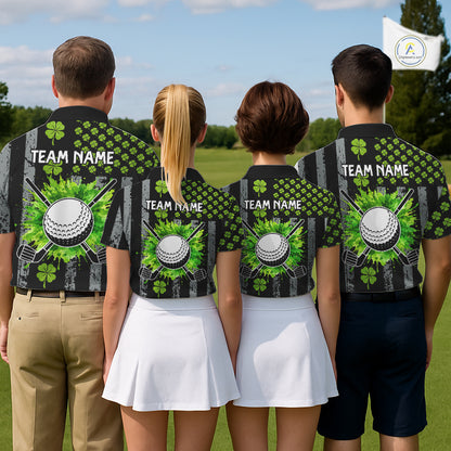 Custom Black Grunge US Flag Green Shamrock St Patrick Golf Polo shirts for Women Patriotic Golf shirt NQS11449