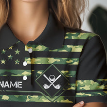 Load image into Gallery viewer, Green Camo American flag black Women golf polo shirts custom patriotic team golf apparel for ladies NQS9517