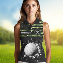 Load image into Gallery viewer, Green Camo American flag black Women sleeveless polo shirt custom patriotic team ladies golf apparel NQS9517