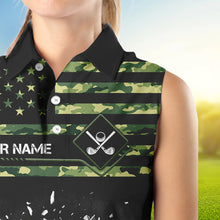 Load image into Gallery viewer, Green Camo American flag black Women sleeveless polo shirt custom patriotic team ladies golf apparel NQS9517