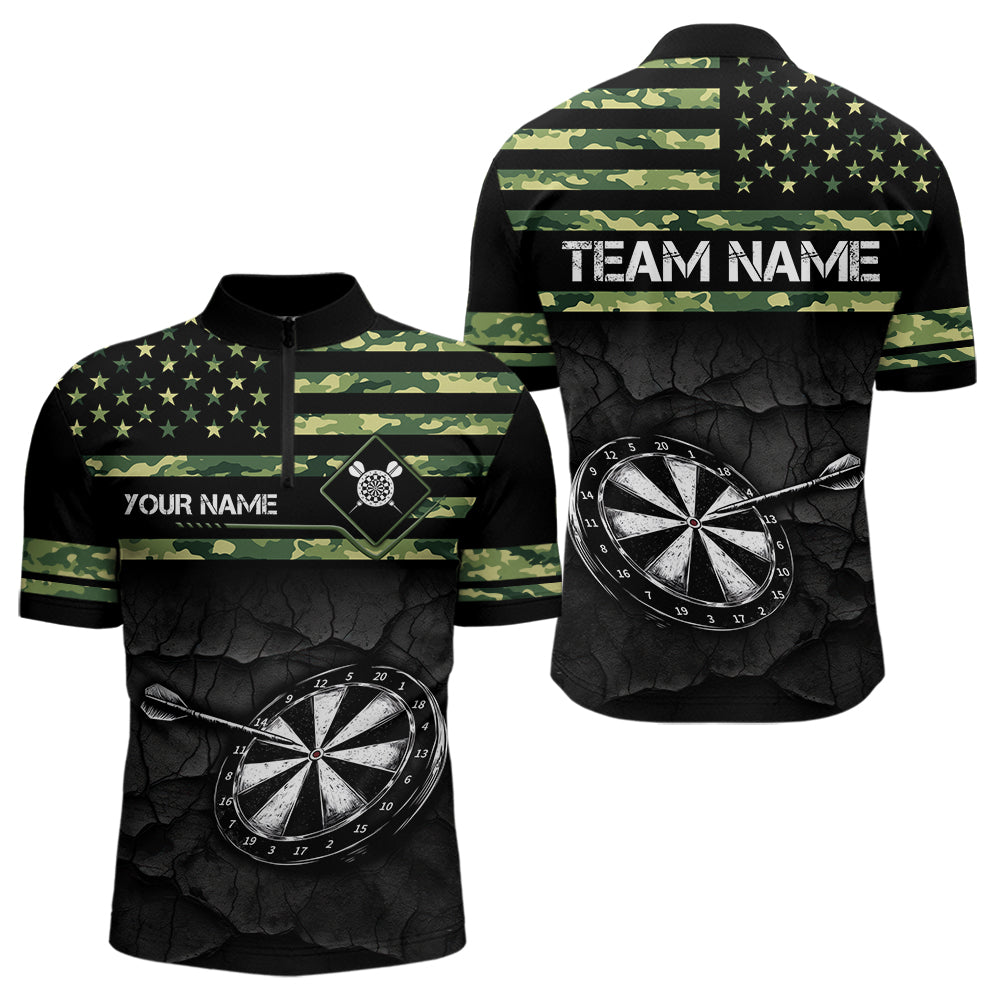 Green camo American Flag Dart jerseys Polo, 1/4 Zip Shirt for Men Custom Patriotic Darts Team shirts NQS9519