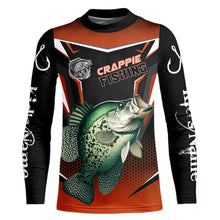Load image into Gallery viewer, Black and Orange Crappie Long Sleeve Fishing Shirts, Personalized Crappie Fishing Tounament Jerseys NQS9680