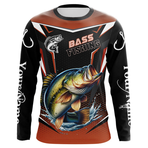 Black and Orange Largemouth Bass Long Sleeve Fishing Shirt, Personalized Bass Fishing Tounament Jersey NQS9681