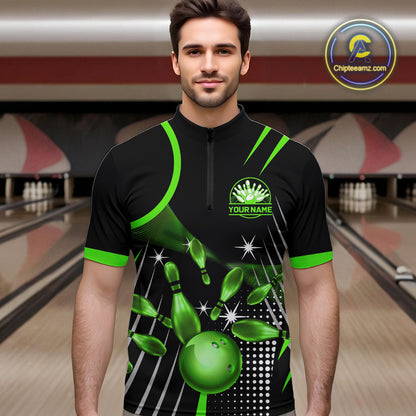 Black and Green Mens Bowling Polo, Quarter Zip Shirts Custom Bowling outfit men Team Jerseys NQS9957