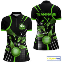 Load image into Gallery viewer, Black and Green Women Bowling Polo, Quarter Zip Shirts Custom Bowling outfit ladies Team Jerseys NQS9957