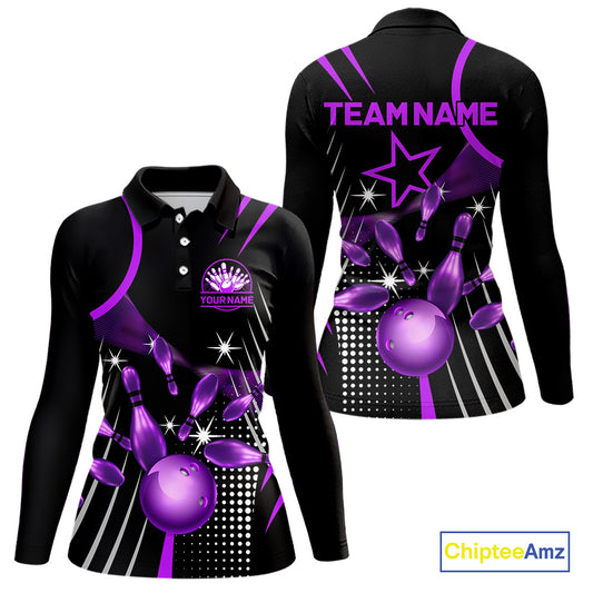 Black and Purple Women Bowling Polo, Quarter Zip Shirts Custom Bowling outfit ladies Team Jerseys NQS9958