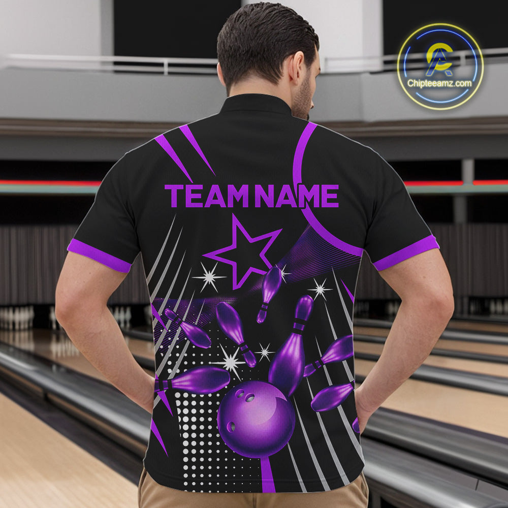 Black and Purple Mens Bowling Polo, Quarter Zip Shirts Custom Bowling outfit men Team Jerseys NQS9958