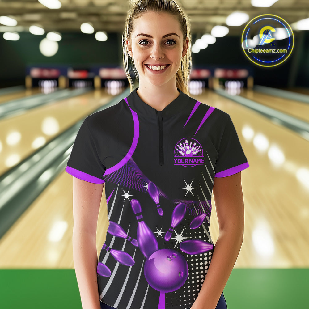 Black and Purple Women Bowling Polo, Quarter Zip Shirts Custom Bowling outfit ladies Team Jerseys NQS9958