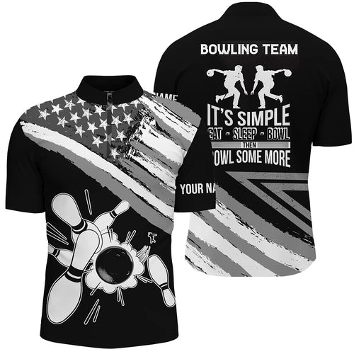 Black American flag retro Men's Bowling Shirt Quarter-Zip Custom team bowling outfits eat sleep bowl NQS5937
