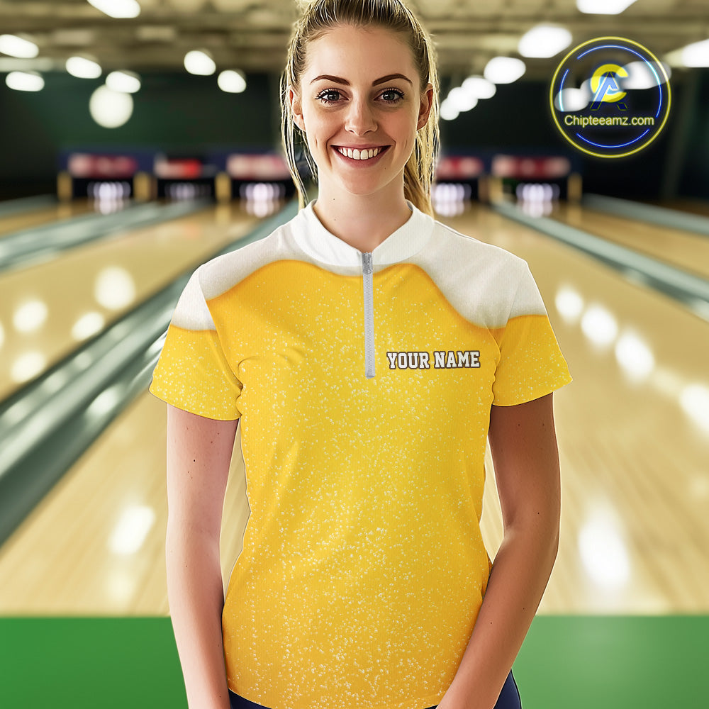 Custom Funny Beer Bowling Polo, Quarter Zip Shirts For Women My drinking team has a bowling problem NQS10638