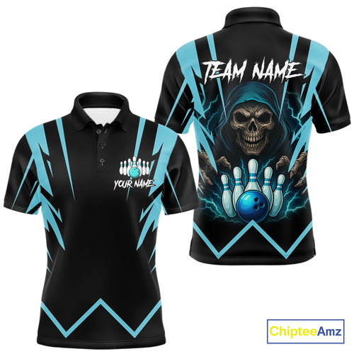 Black and Blue Reaper Skull lightning Bowling Shirts for Men Custom Skull Team Bowling league jersey NQS10869