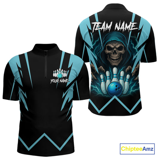 Black and Blue Reaper Skull lightning Bowling Shirts for Men Custom Skull Team Bowling league jersey NQS10869