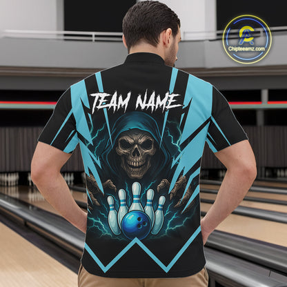 Black and Blue Reaper Skull lightning Bowling Shirts for Men Custom Skull Team Bowling league jersey NQS10869