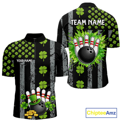 Custom Black Grunge US Flag Green Shamrock St Patrick Bowling polo shirts for men, bowling jersey men NQS11450