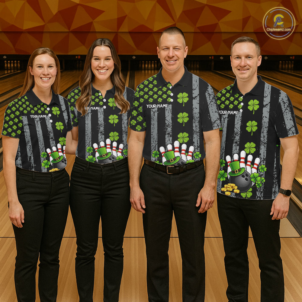 Custom Black Grunge US Flag Green Shamrock St Patrick Bowling polo shirts for men, bowling jersey men NQS11450