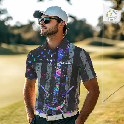 Black American Flag Hologram Mens golf polo shirts Custom patriotic mens golf shirts, best golf gifts NQS11640