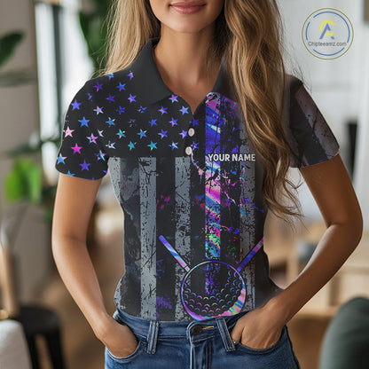 Black American Flag Hologram Womens golf polo shirts Custom patriotic ladies golf tops best golf gift NQS11640