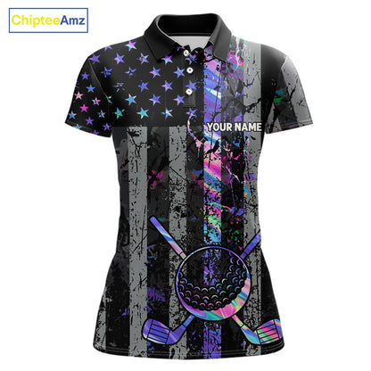 Black American Flag Hologram Womens golf polo shirts Custom patriotic ladies golf tops best golf gift NQS11640