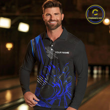 Load image into Gallery viewer, Black and Blue Flame Bowling Polo, Quarter Zip Shirts For Men Custom Bowling Outfit Team Jerseys NQS9962