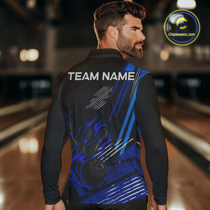 Black and Blue Flame Bowling Polo, Quarter Zip Shirts For Men Custom Bowling Outfit Team Jerseys NQS9962