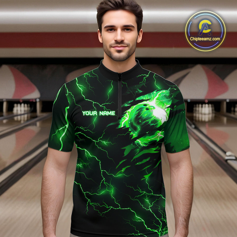Green lightning thunder bowling American flag Eagle custom Mens Bowling Polo, Quarter Zip Shirts NQS10111