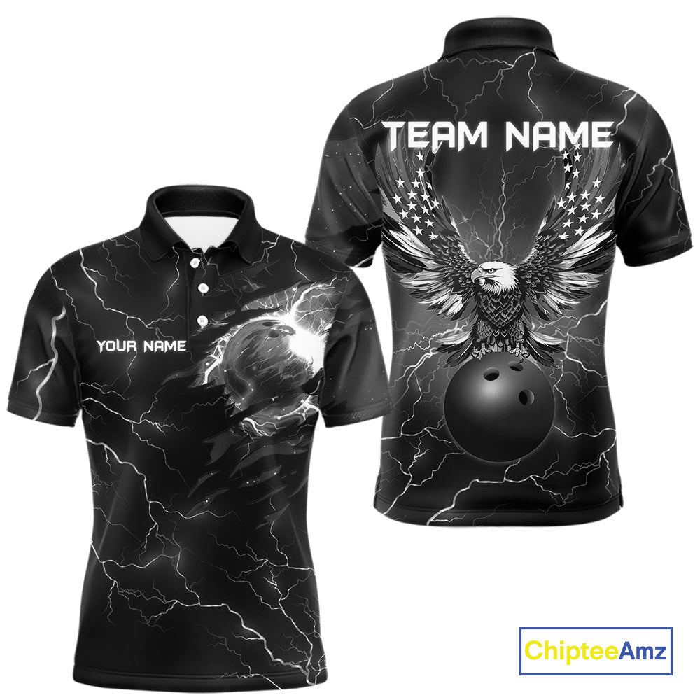 Black lightning thunder bowling American flag Eagle custom Mens Bowling Polo, Quarter Zip Shirts NQS10112