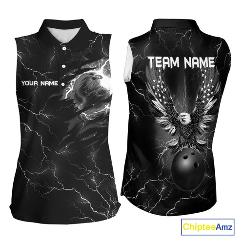 Black lightning thunder bowling American flag Eagle custom Women sleeveless Polo Shirt, team jerseys NQS10112