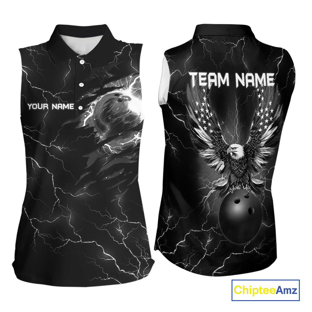 Black lightning thunder bowling American flag Eagle custom Women sleeveless Polo Shirt, team jerseys NQS10112