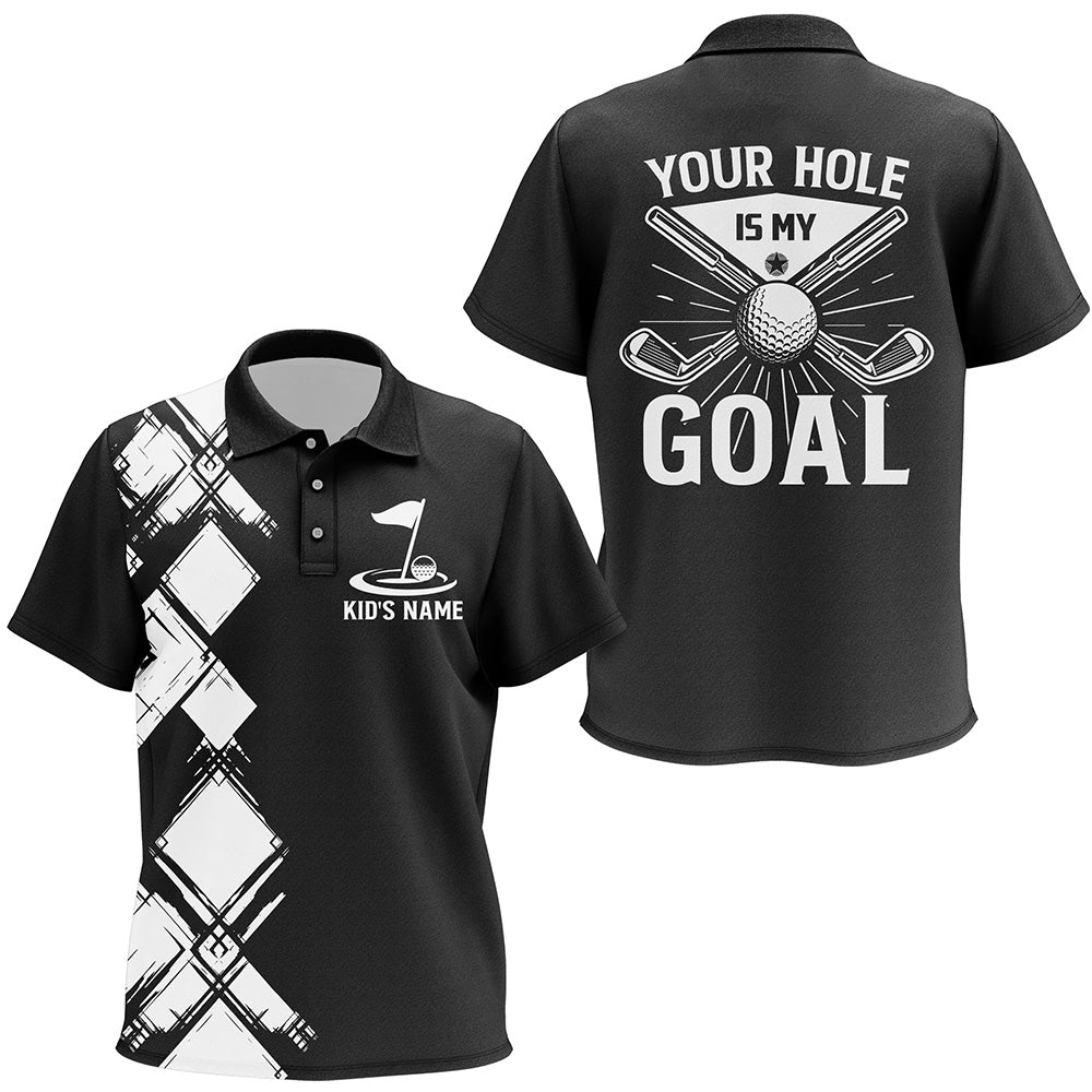 Black and white argyle pattern Kid golf polo shirts custom golf outfits kid your hole is my goal NQS8249