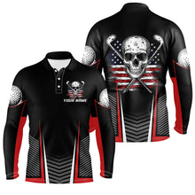 Load image into Gallery viewer, Black and Red American Flag Golf Clubs Skull Men golf polo shirts Custom Patriotic Golf Team Jerseys NQS8254