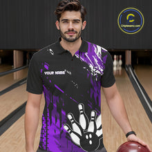 Load image into Gallery viewer, Black and Purple Mens bowling shirts Custom retro bowling ball and pins bowling team league jerseys NQS10642