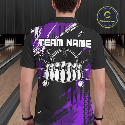 Black and Purple Mens bowling shirts Custom retro bowling ball and pins bowling team league jerseys NQS10642