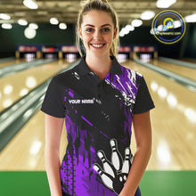 Load image into Gallery viewer, Black and Purple Women bowling shirts Custom retro bowling ball and pins bowling team league jerseys NQS10642