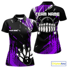 Load image into Gallery viewer, Black and Purple Women bowling shirts Custom retro bowling ball and pins bowling team league jerseys NQS10642