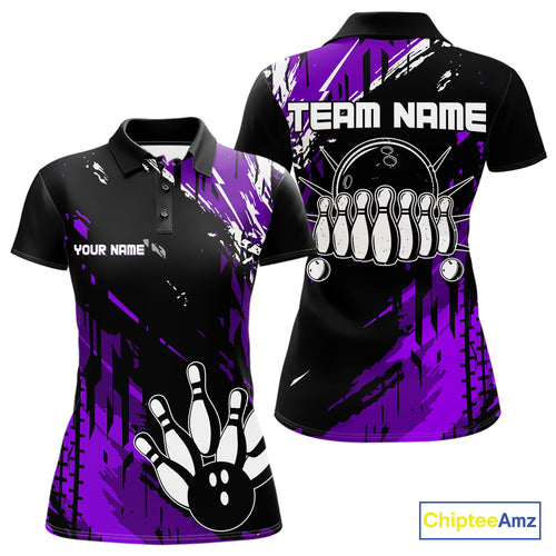 Black and Purple Women bowling shirts Custom retro bowling ball and pins bowling team league jerseys NQS10642
