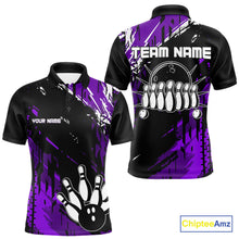 Load image into Gallery viewer, Black and Purple Mens bowling shirts Custom retro bowling ball and pins bowling team league jerseys NQS10642