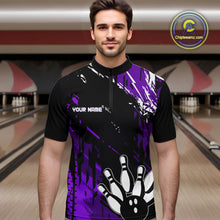 Load image into Gallery viewer, Black and Purple Mens bowling shirts Custom retro bowling ball and pins bowling team league jerseys NQS10642