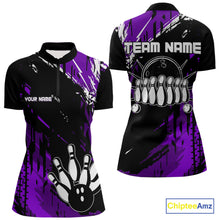 Load image into Gallery viewer, Black and Purple Women bowling shirts Custom retro bowling ball and pins bowling team league jerseys NQS10642