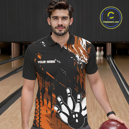 Black and Orange Mens bowling shirts Custom retro bowling ball and pins bowling team league jerseys NQS10643