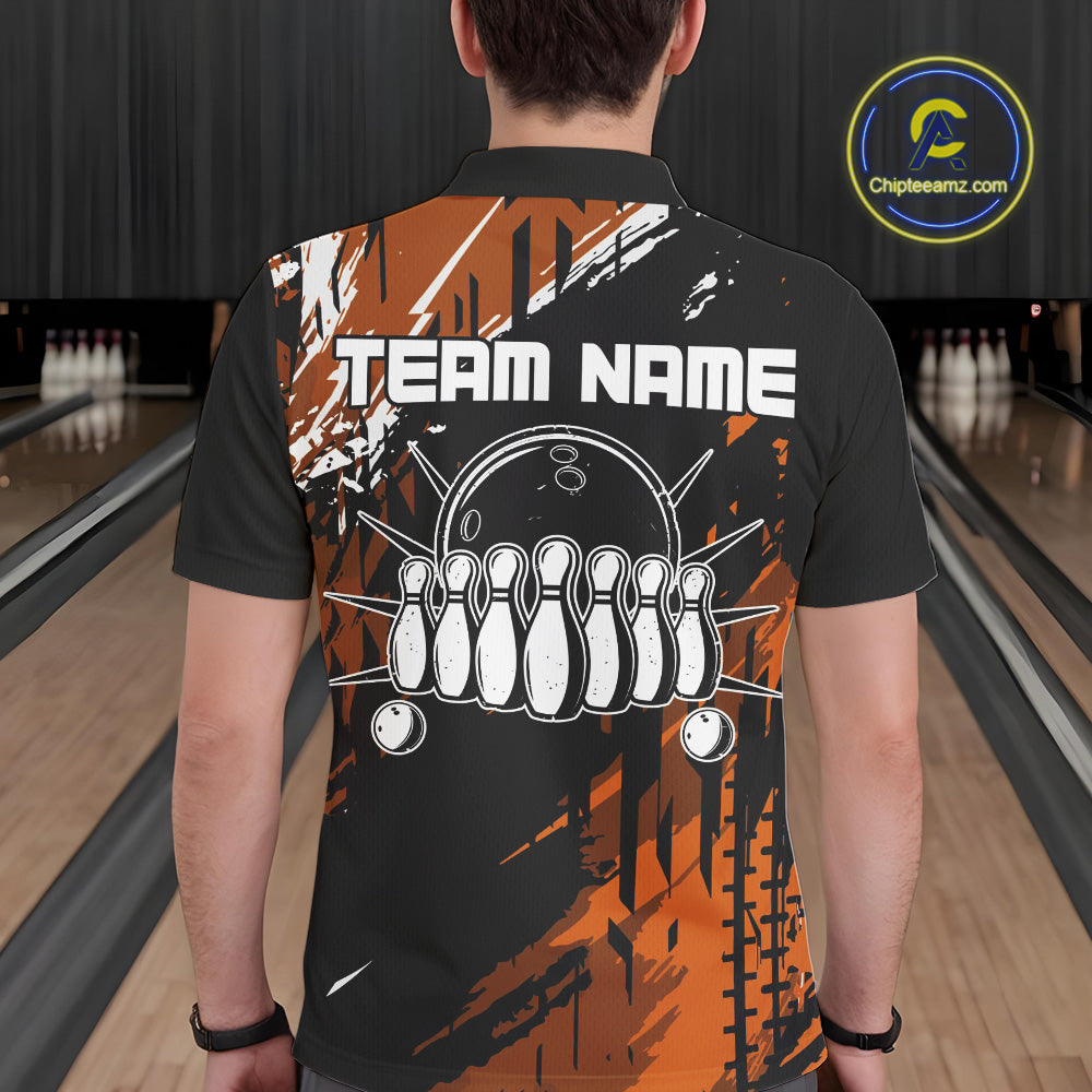 Black and Orange Mens bowling shirts Custom retro bowling ball and pins bowling team league jerseys NQS10643