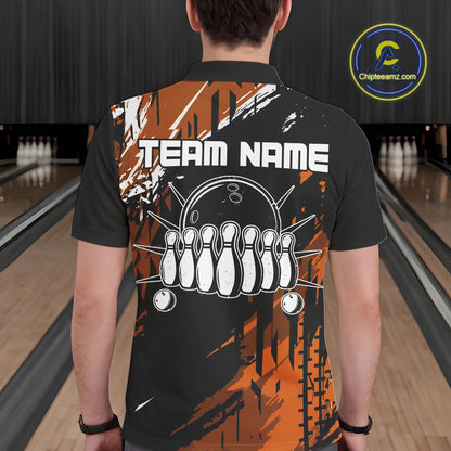 Black and Orange Mens bowling shirts Custom retro bowling ball and pins bowling team league jerseys NQS10643